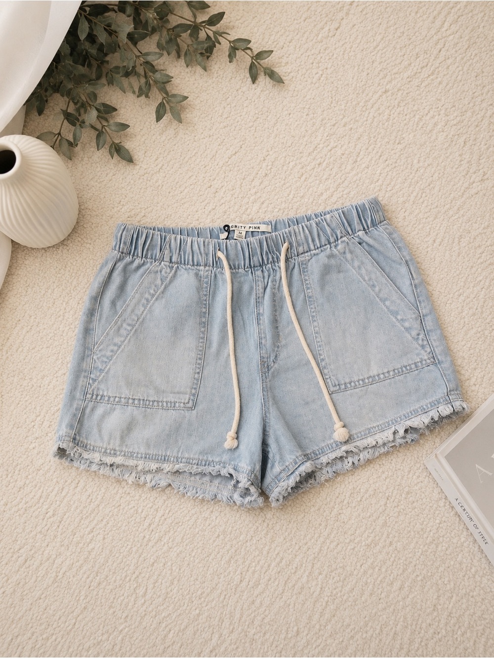 Celebrity Pink Light Wash Denim Drawstring Shorts